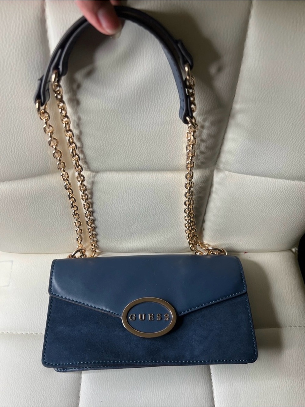 Guess Navy Shoulder Bag with Gold Chain Strap